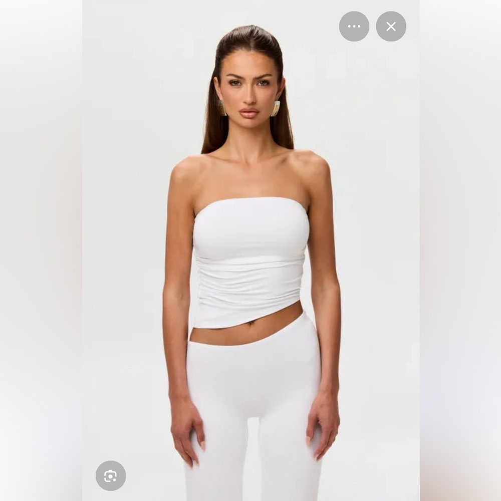 🤍 Set Naked Wardrobe Tube Top Bootcut Pants Asymmetrical White Small Ruched
